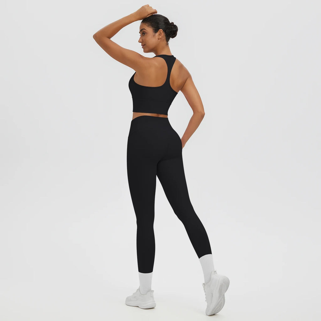 2PCS/set Gym Sports Yoga Suit for Women's Solid Color High Stretch Quick Drying Legging Yoga Pants Gather I-shaped Vest Yoga Set