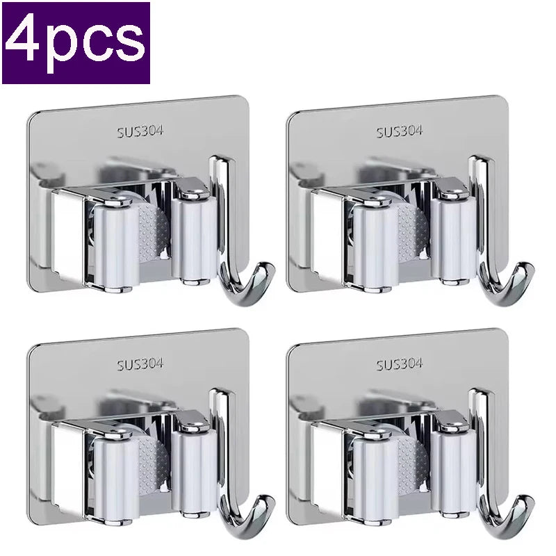 304 Stainless Steel Mop Clip Holder Bathroom Punch-free Mop Broom Brush Hanging Rack Strong Sticky Hook Wall Organizer Shelf