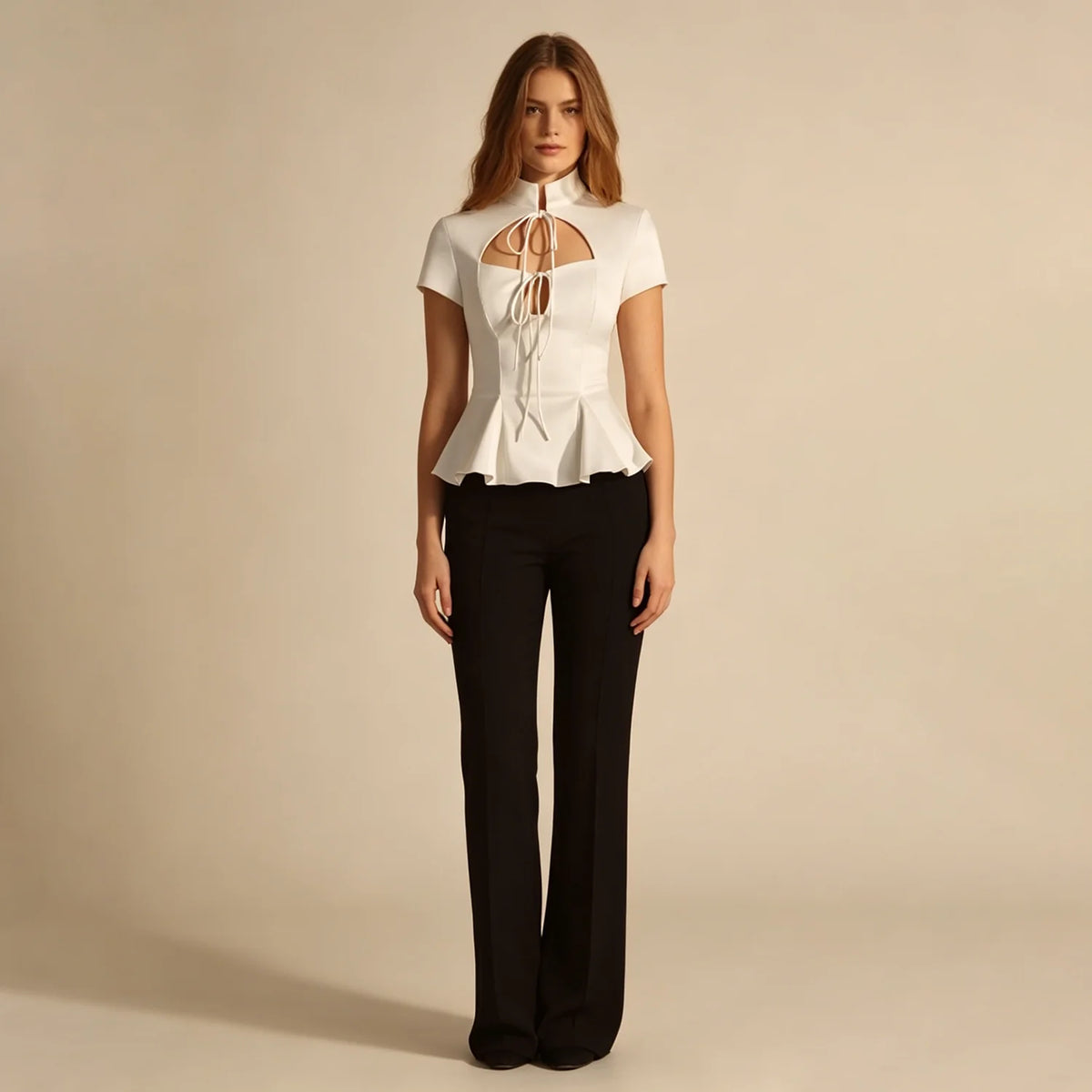 LIMO Elegant White Lace Up Peplum Top, Mandarin Collar Cutout Blouse, Women's Y2K Party Clubwear
