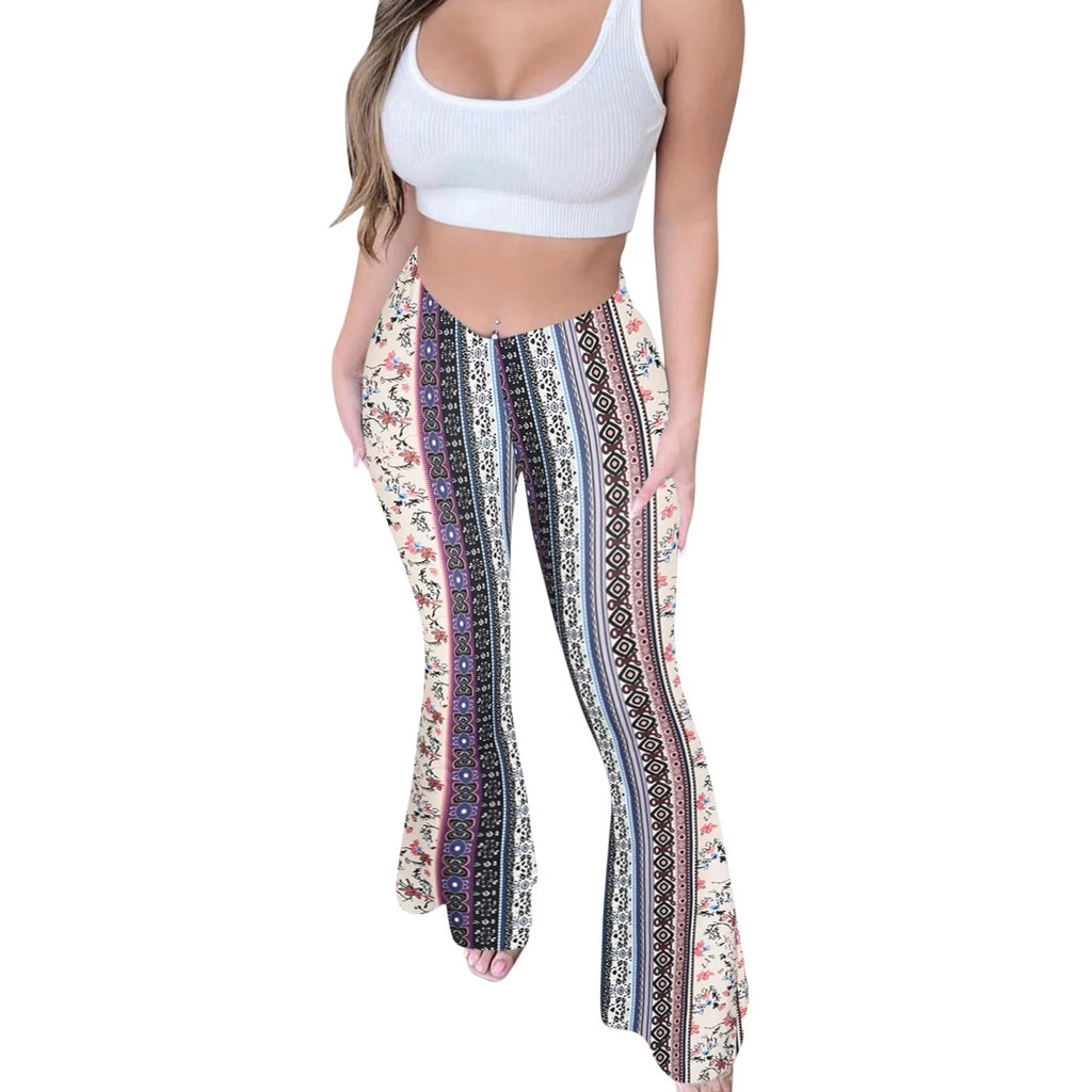 Bohemian Flare Pants for Women High Waisted Stretchy Bell Bottoms Y2K Hippie Style Trousers for Beach Vacation Leggings 2026