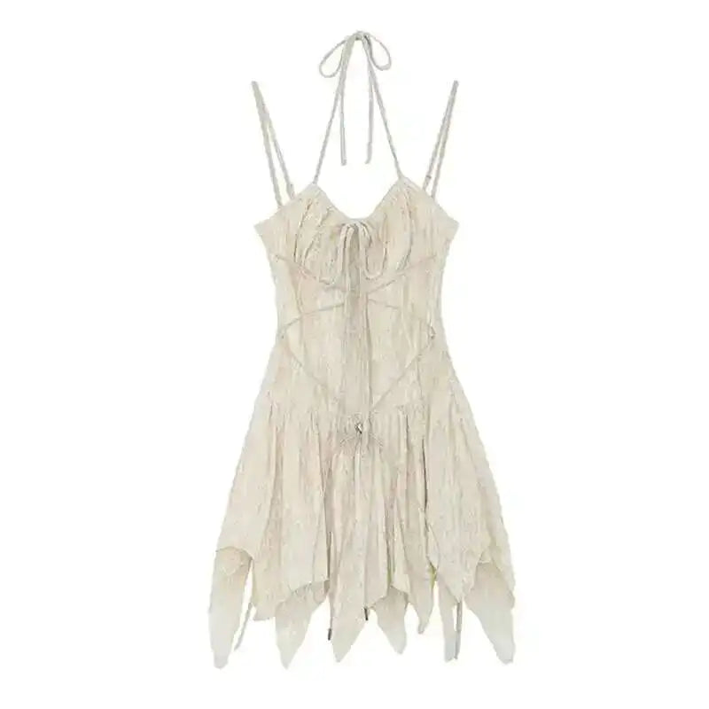 DEAT Fashion Velvet Lace Up Jacquard Spaghetti Strap Dress Women's Slim Fit Mini Irregular Dresses Summer New