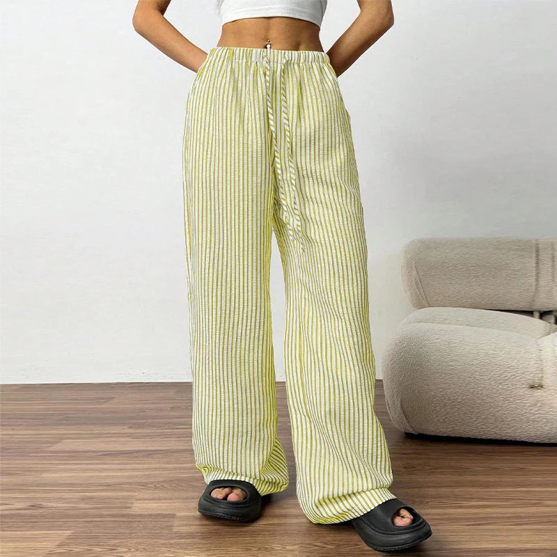 Striped Zipper High-Waisted Trousers Slim Fit Flare Leg Double Pocket 2026 Summer Casual Women Bottom Fashion Chic Lady Pants