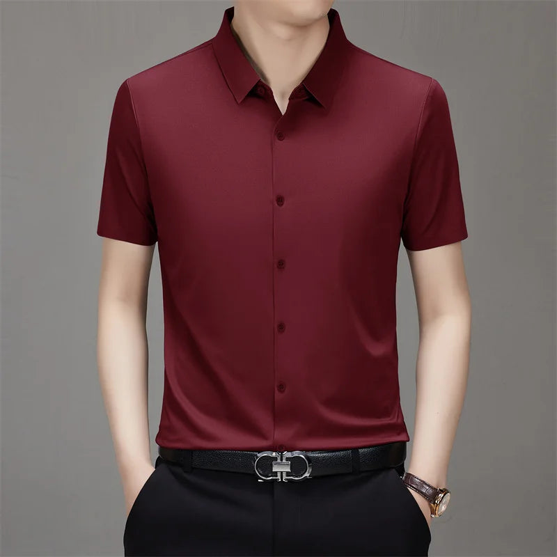 New Men's Business Casual Solid Color Short Sleeved Shirt for Summer Fashion No Ironing Comfortable and Versatile Top