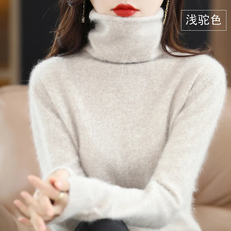 Women's Pile Collar 100% Mink Cashmere Sweater Winter High Collar Knitted Pullover Casual Short Thick Tops Loose Warm Base Shirt