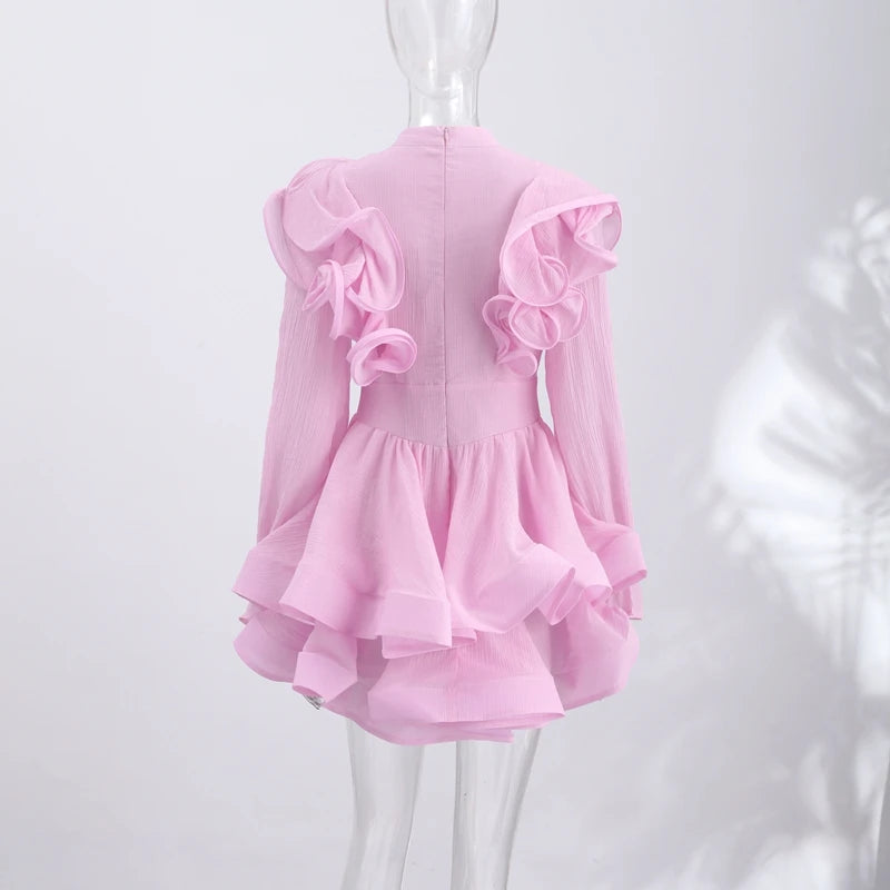 Elegant Floral Print Chiffon Dress Women's Backless Long Sleeve Ruffle Waist Cutout Tiered Dresses 2026 New Lady Party Wear