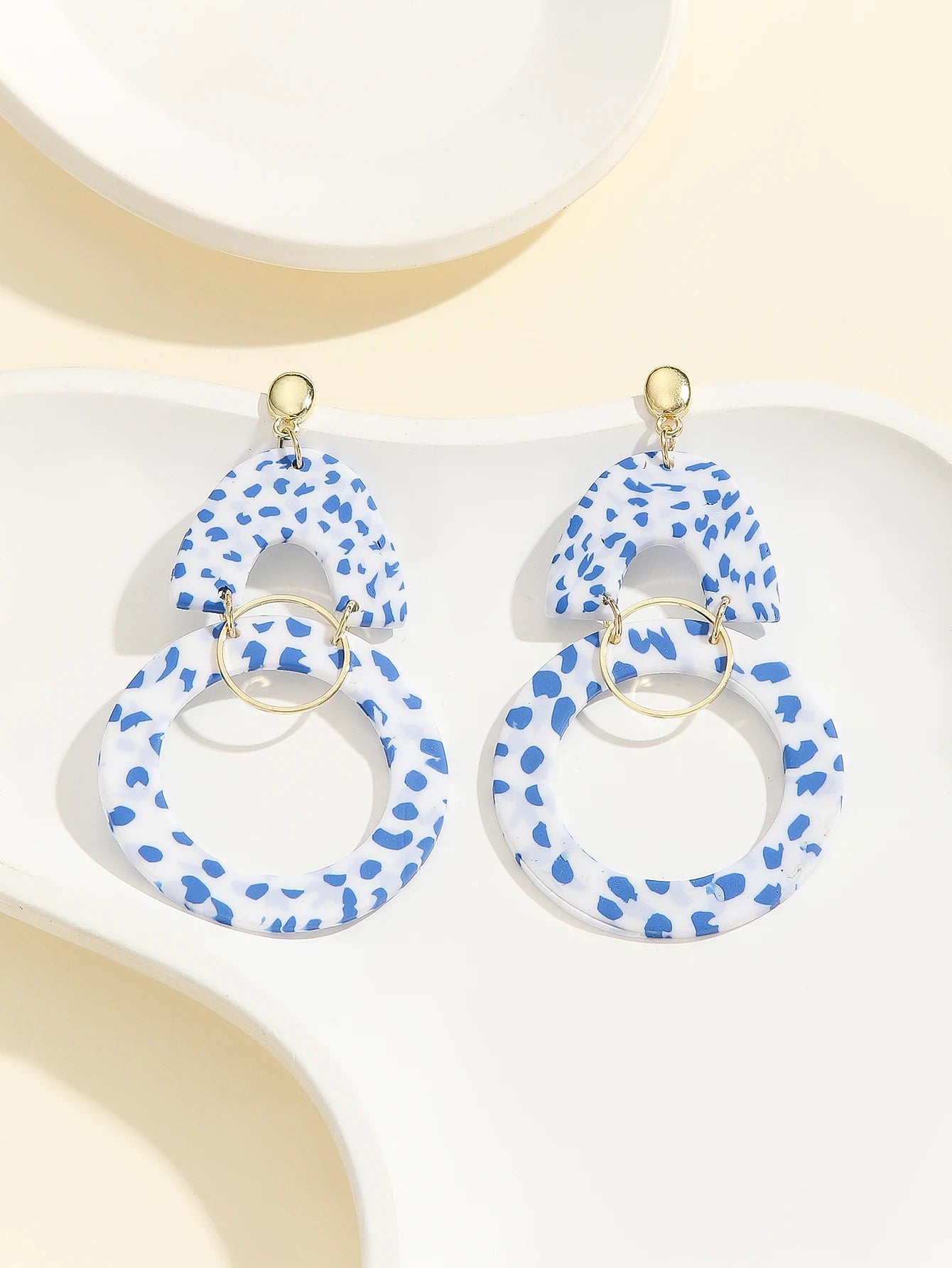Mediterranean Blue Mosaic Arch Earrings Modern Light Blue Double Hoop Thin Dangle Artsy Statement Jewelry Summer Accessories