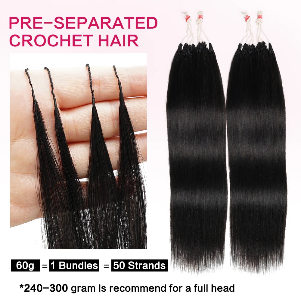 Feather Crochet Human Hair Extensions 16-26Inch Burmese Straight Hair Pre-Looped Invisible Pre-Separated Crochet Bulk Human Hair