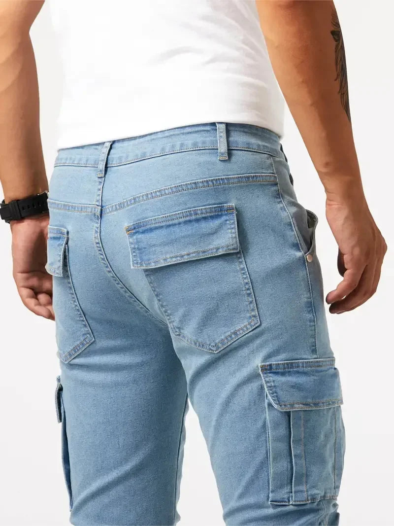 Street Elastic Jeans Men Denim Cargo Pants Wash Solid Color Multi Pockets Casual Mid Waist Trousers Slim Fit Daily Wear Joggers