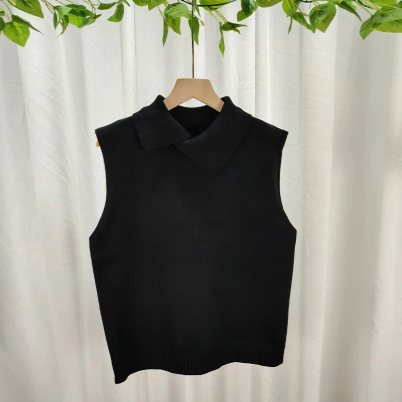 Autumn Winter Korean Solid Color Lapel Sleeveless Versatile Casual Knitted Vest For Women