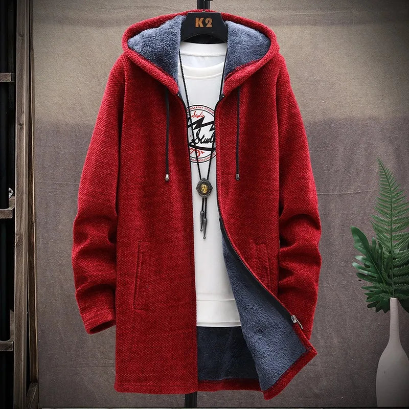KIDWHXR 2026 Autumn Winter Men Fleece Cardigan Jacket Thicken Windproof Man Hooded Coat Mid Length Long Sleeve Male Sweater