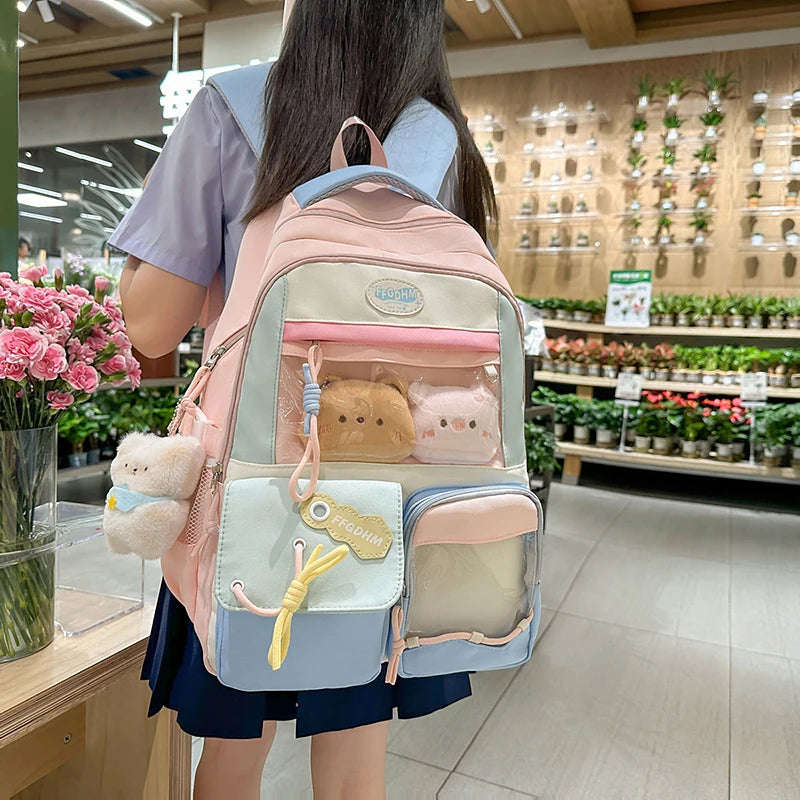 Women's Pastel Color Block Backpack Clear Display Pockets Plush Charm Bow Detail Adjustable Strap Casual Daily Itabag School Bag