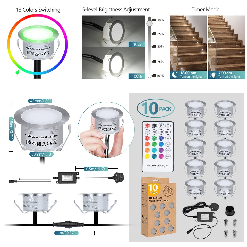 10pcs RGB LED Deck Light with Remote Control DC12V IP67 Waterproof Underground Lamp Dimmable Garden Stair Landscape Lighting