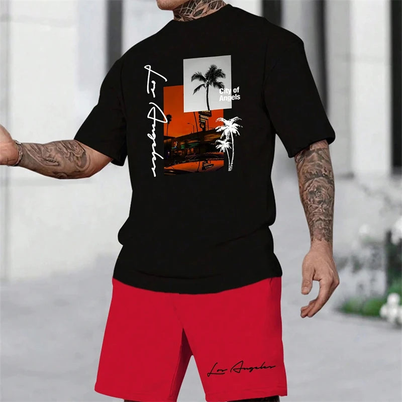 Summer New Men's Short-sleeved Hawaiian Print Two-piece Beach Vacation Breathable Short-sleeved With Drawstring Loose Shorts