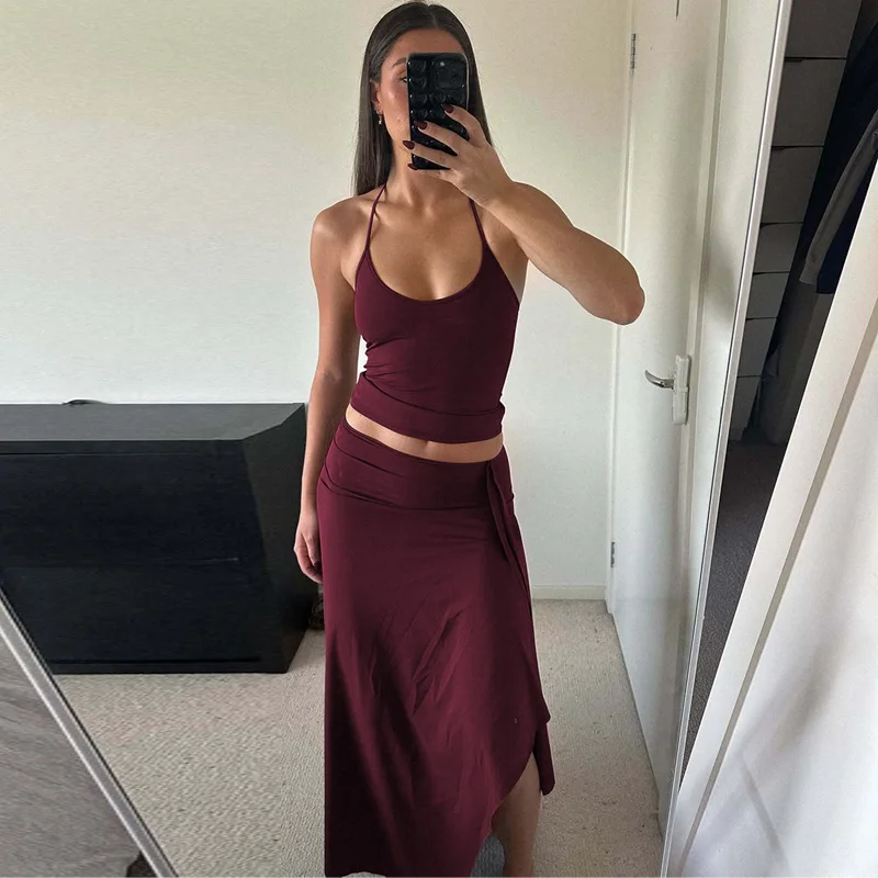 Hugcitar Fashion 2 Pcs Sets Halter Solid Backless Lace Up Sexy Crop Tank Top Ruched Maxi Skirt Women Outfit Beach Vacation Sport