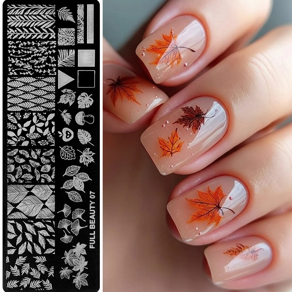 1 pcs Maple Leaves Nail Art Stamping Plate Autumn Ginkgo Leaves Palm Leaves Nail Templates Deep Fall DIY Nail Decals Molds Tools