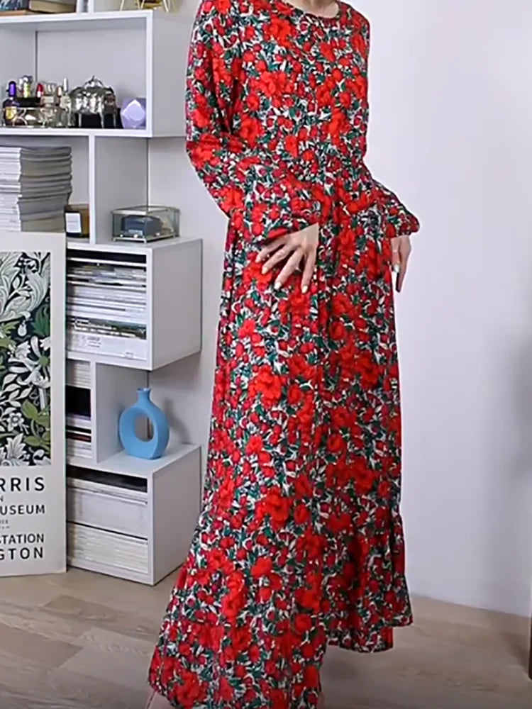 ITOOLIN Woman Round Neck Long Sleeved Shirt Flounce Floral High Waisted A-line Dress Vintage Printed Elastic Long Dress