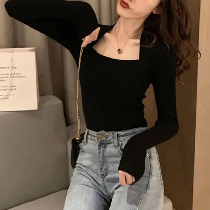 Women Pullover Sweater Autumn Long Sleeve Pullover Basic Top Fashion Elastic Female Winter Solid Knitted Jumper