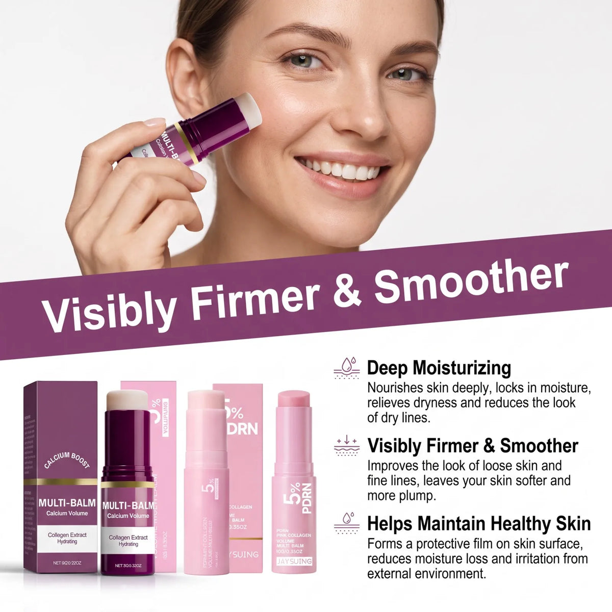 2026 New PDRN Pink Collagen Multi Balm Stick Volume Firming Anti Aging Smooth Fine Lines Eye Neck Forehead Smile Lines Face Care