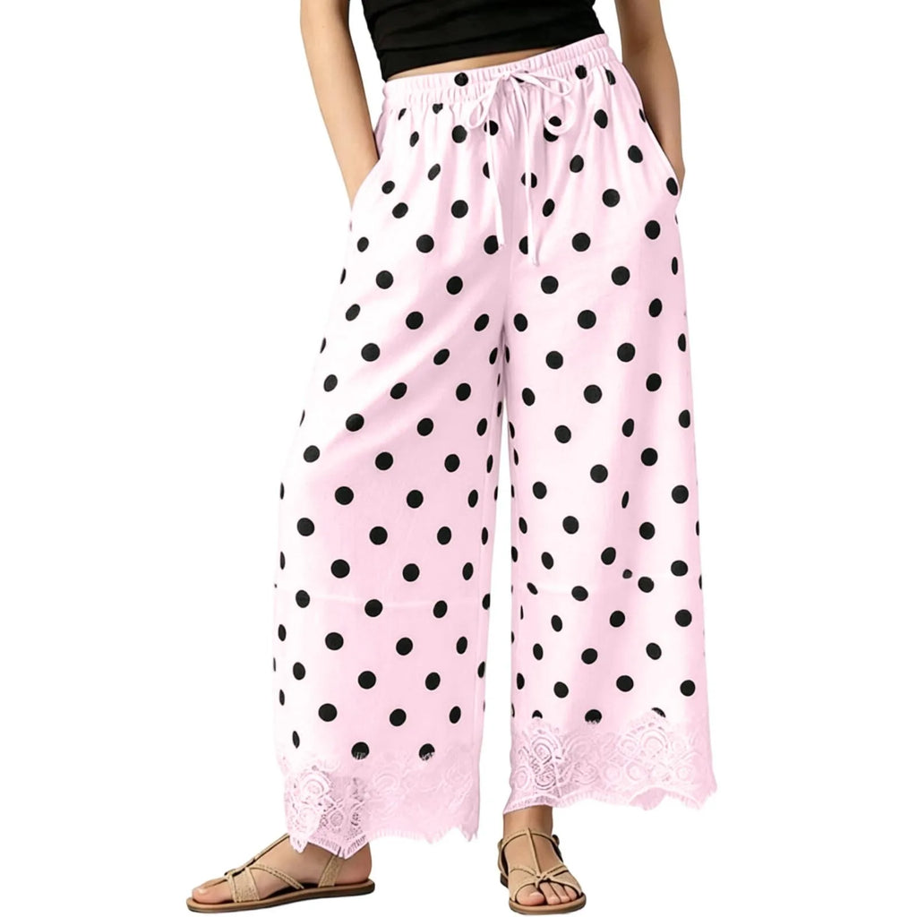 Vintage Polka Dot Women's Pants Lace Hem Loose Wide Leg Pants Drawstring Elastic Waist Side Pocket Baggy Trousers Pantalones