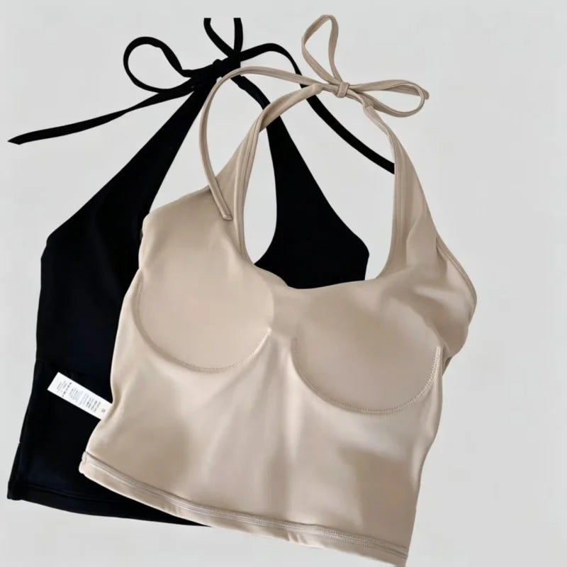 Women Halter Tie‑Up U‑Neck Yoga Sports Top Stylish Design Breathable Comfortable Integrated Fixed Cup Cropped Tank Top Fitness