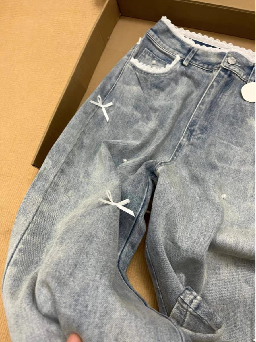 Women's Blue Y2k Lace Bow Jeans Baggy Aesthetic Denim Trousers Harajuku Streetwear Jean Pants Vintage 2000s Trashy Clothes 2024