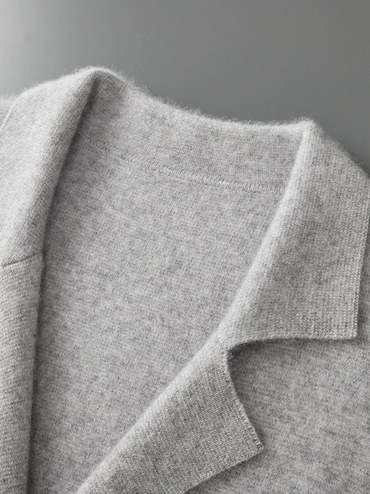100% Merino Wool Sweater Men's Suit Collar Cardigan Smart Casual Knitwear Autumn Winter Cashmere Solid Coat Pockets Clothing Top
