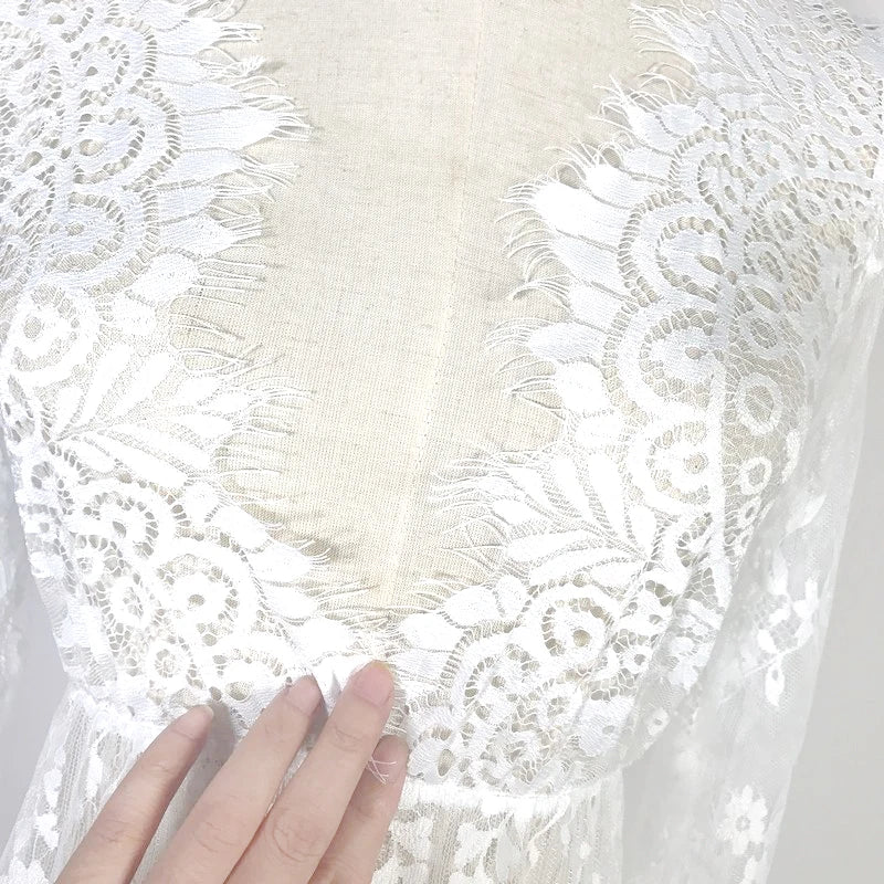 Sexy Women See-through V-Neck White Lace Floral Long Sleeve Hemline Slip Sun Dress Female Nightclub Party Camisole