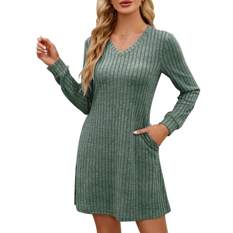 Women's Autumn Ribbed Knit Sweater Casual Long Sleeve V-Neck Belted Dress Pocket Short Skirt