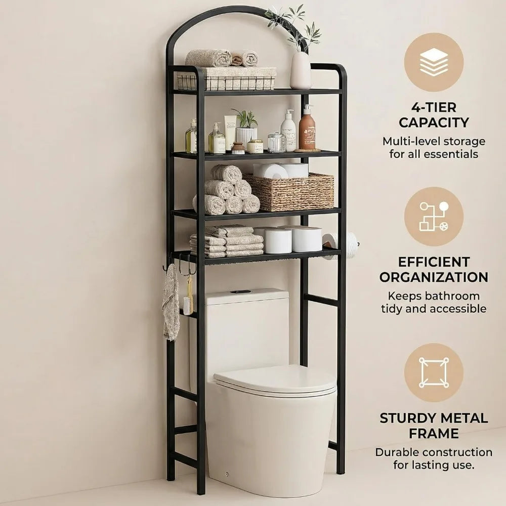 72" Over Toilet Storage Rack, 4-Tier Bathroom Organizer with Hooks & Paper Holder, Space-Saving Black Metal Shelf