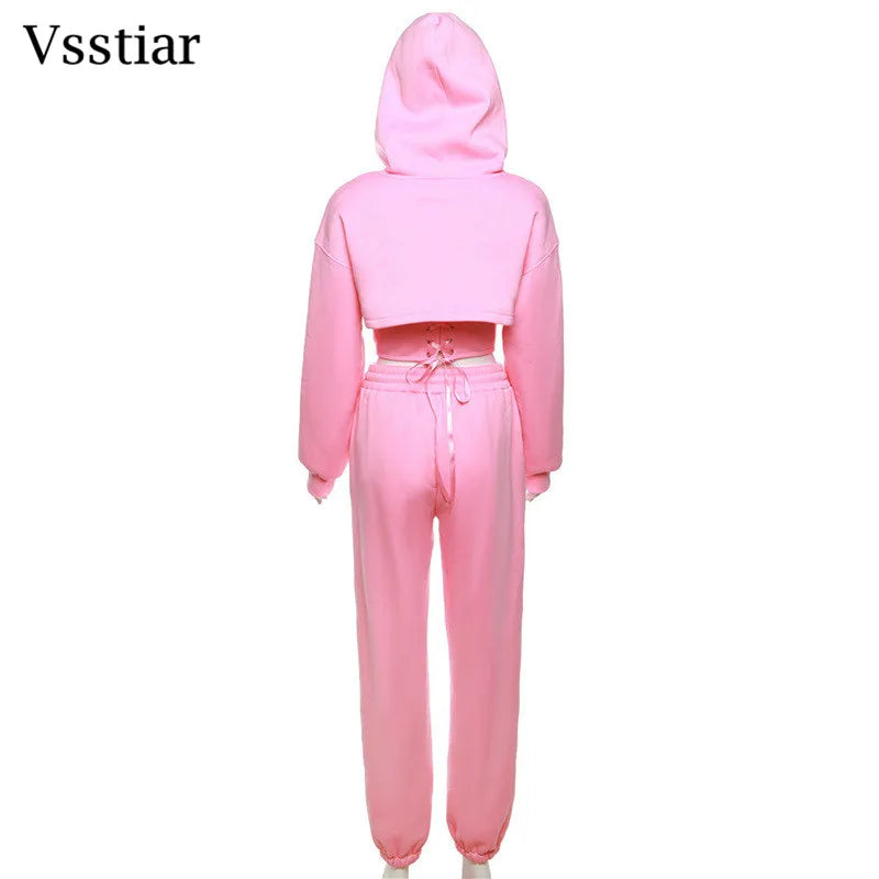 Vsstiar Women Three Piece Set Long Sleeve Hooded Crop Top Irregulary Tanks Pockets Pants Casual Tracksuit Fashion Female Clothes