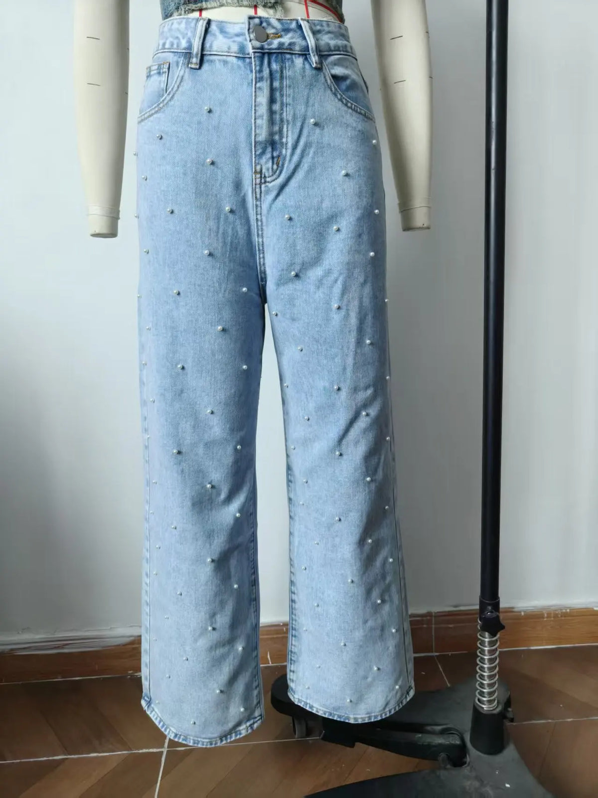 Denim Straight Pants Women Pearls Spliced Jeans High Waist Washed Basics Ankle Length Trousers Streetwear Pant Solid Autumn