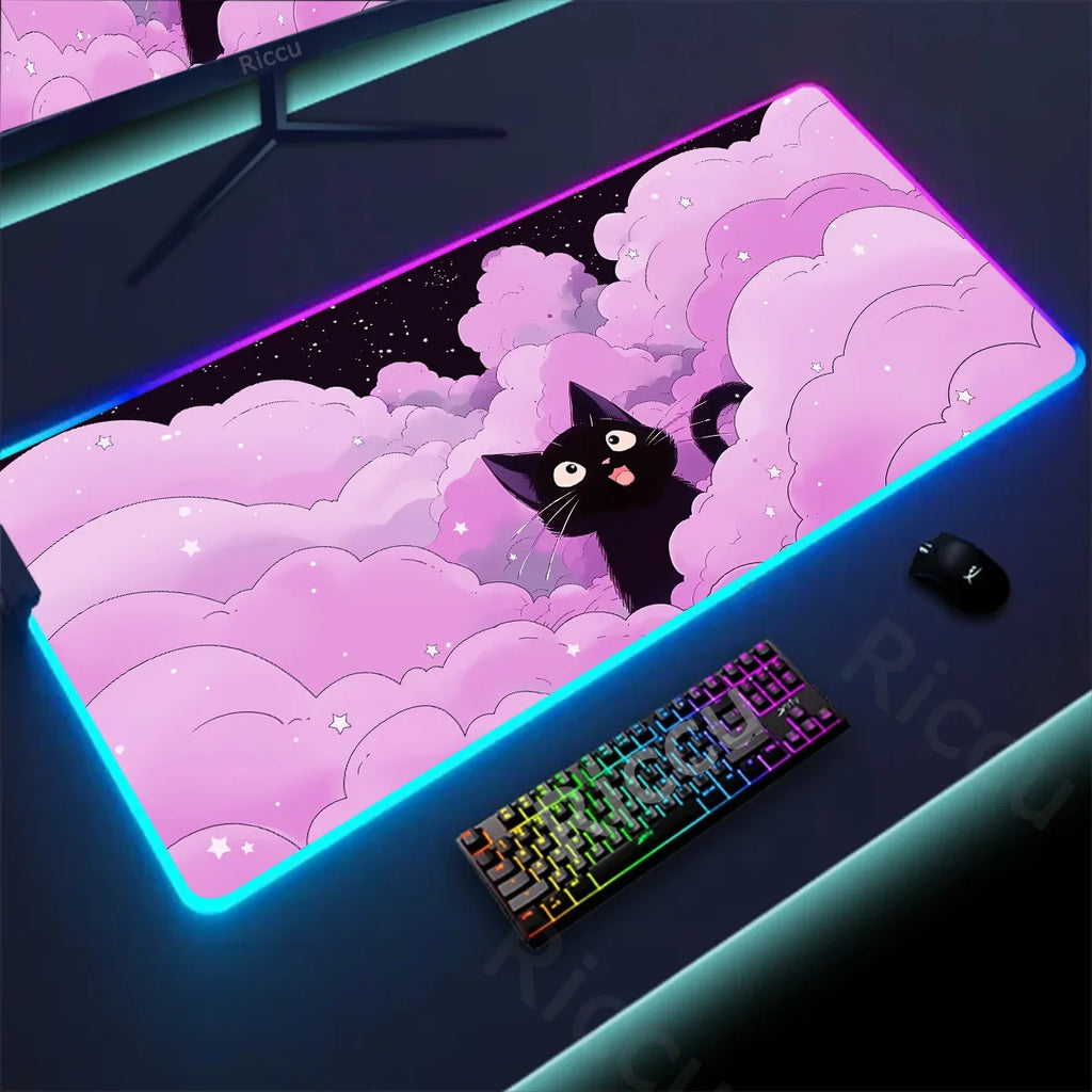 RGB Mousepad Pink Cloud Cat Cartoon Deskmat LED Backlight Gaming Keyboard Rug Computer Office Accessories Kawaii Anime Mouse Pad