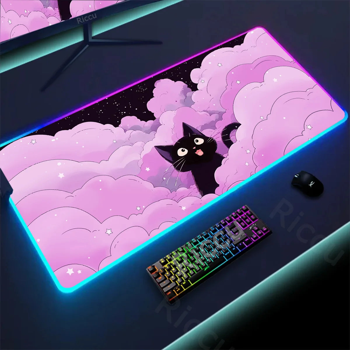 RGB Mousepad Pink Cloud Cat Cartoon Deskmat LED Backlight Gaming Keyboard Rug Computer Office Accessories Kawaii Anime Mouse Pad