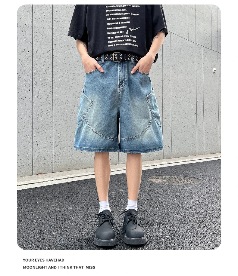 2026 Summer New Baggy Denim Shorts Fashion Casual Straight Harajuku Jeans Male Vintage Wash Drawstring Short Pants Streetwear