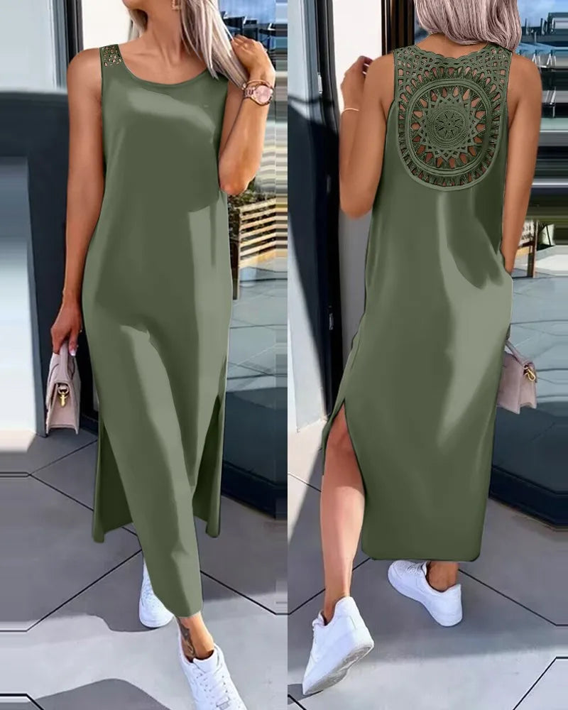 Summer Casual Temperament Fashionable Slim Fit Solid Color Round Neck A-line Skirt Lace Lace Lace Back Sleeveless Slit Dress