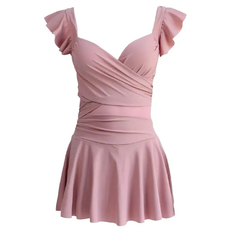 Retro Pink One-Piece Swimsuit for Girls Thermal Spring Women High-End Sensation Swimwear Steel Ring Gathered Conservative Pur...