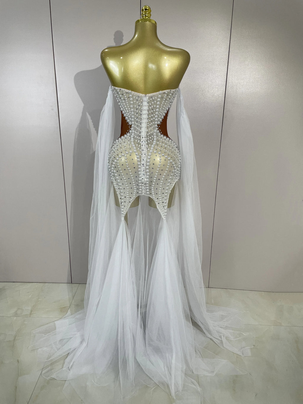Elegant Sparkly Rhinestone White Pearl Sexy Strapless Mesh Long Dress Wedding Guest Gowns Luxury Birthday Evening Party Dress
