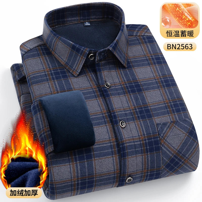 Men's Warm Long-Sleeved Shirt with Double-Sided Fleece, Winter Casual, Cold-Resistant, Street Fashion, Comfortable and Versatile