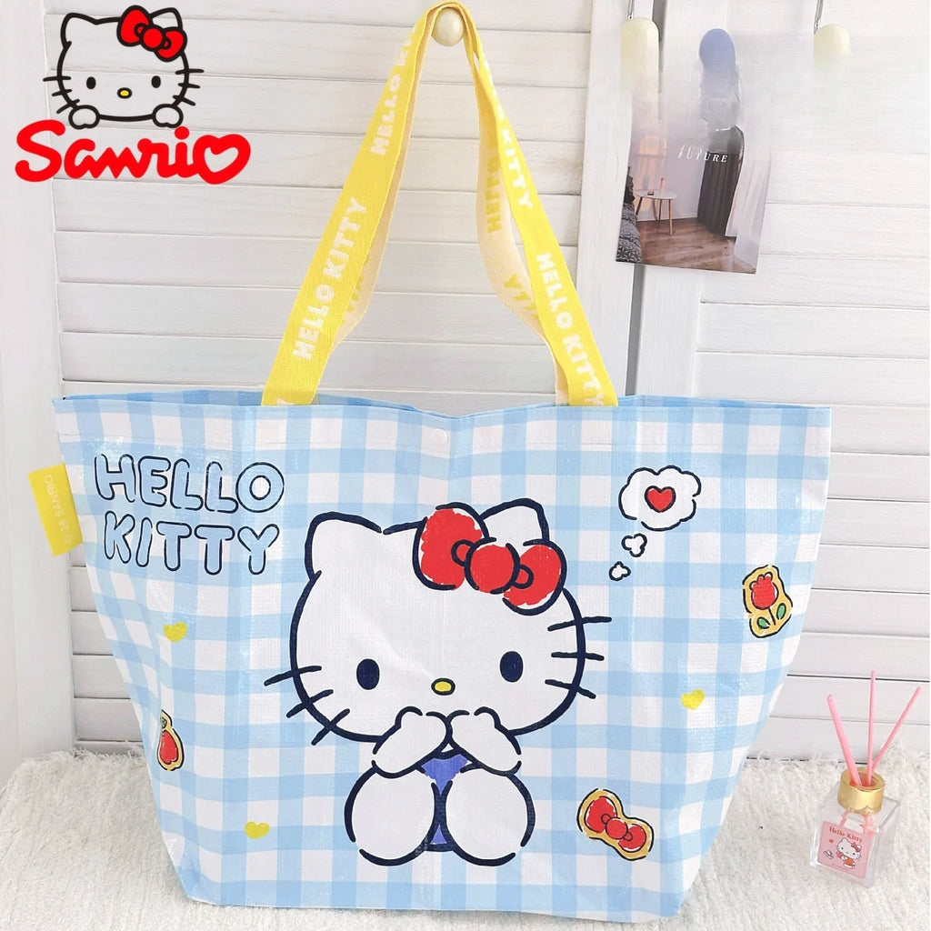 Leopard Print Hello Kitty Eco-Friendly Woven Large Capacity Storage Bag Officially Licensed Cartoon Plaid Waterproof Tote Bag Fo