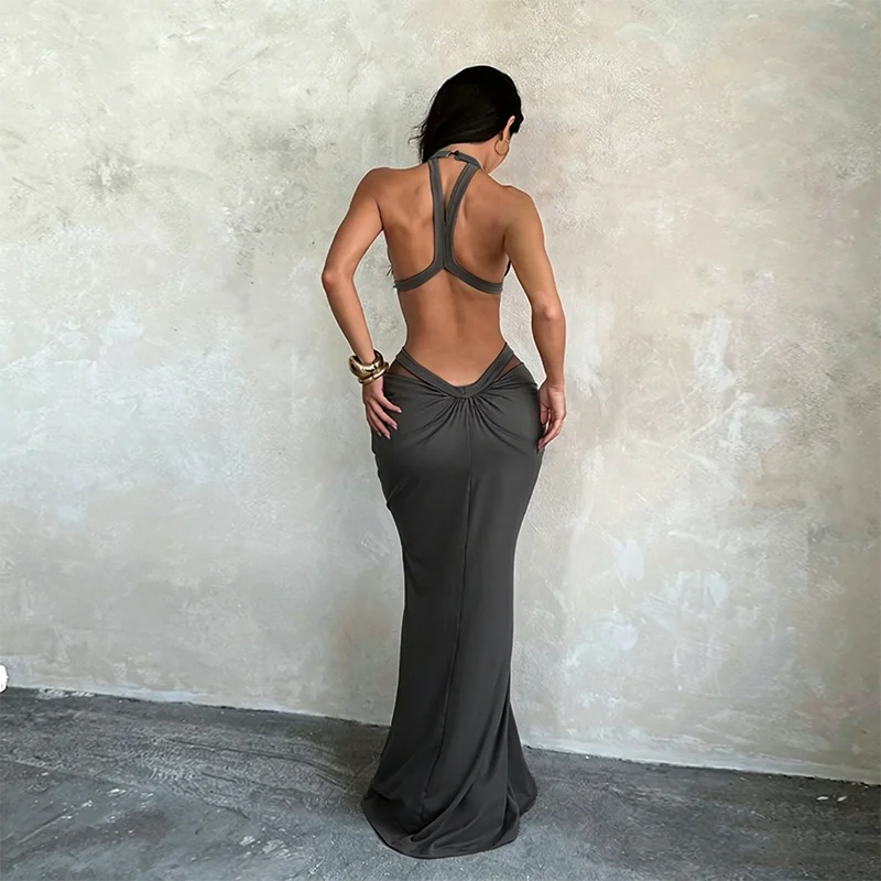 Halter Cut-Out Draped Super-Cut Back Bare Elegant Party Maxi Dress Waistless Backless Sleeveless Khaki Evening Prom Long Dress