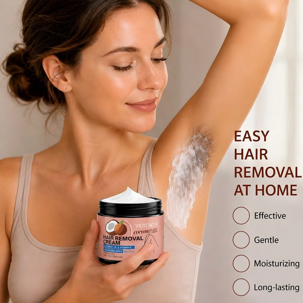 YUITIKUE Coconut Oil VE Hair Removal Cream, Moisturizing Fast Depilatory Cream for Women Legs Arms Body 65g