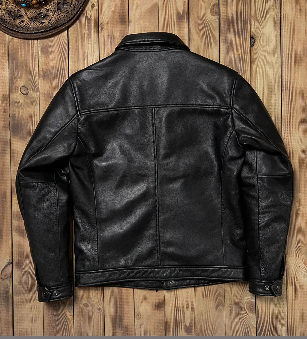 Black Autumn Leather Jacket Men Smart Casual Style Plus Size 5XL Genuine Natural Sheepskin Turn-Down Collar Leather Coat
