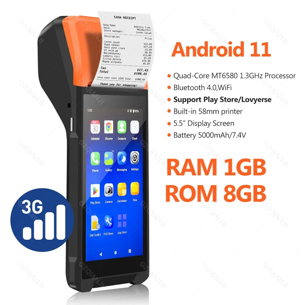 Android 14/13/11 3G 4G Handheld POS Terminal With 58mm Thermal Printer 1D 2D Scanner NFC Reader RAM3GB ROM32GB Mobile Device