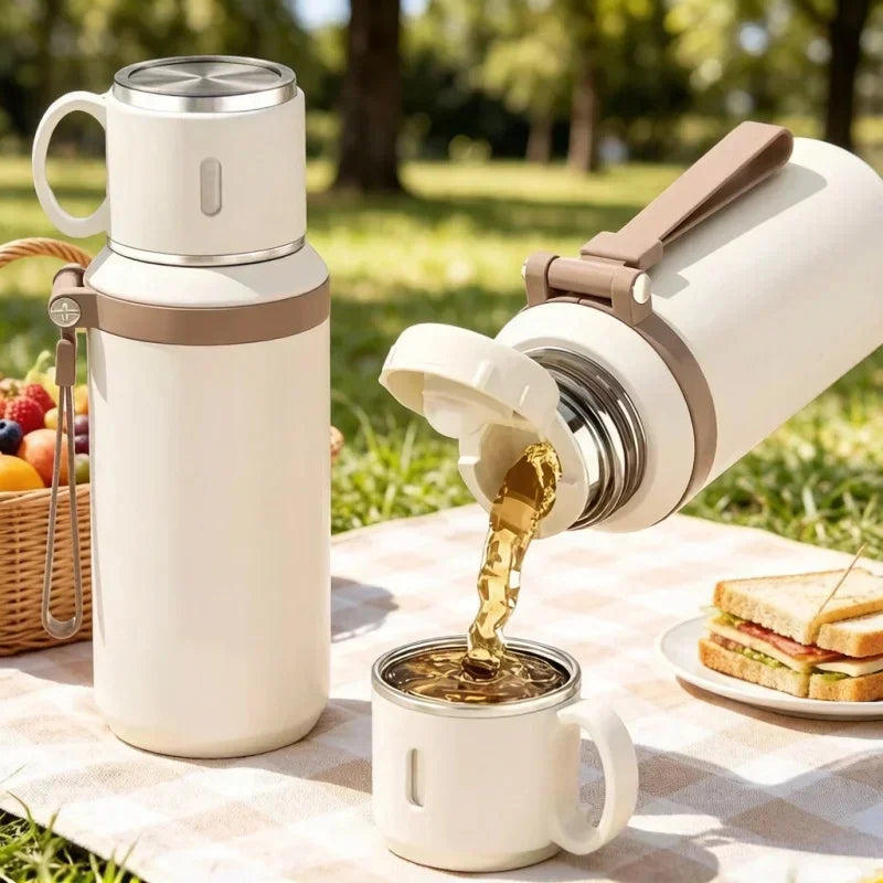 600ML Stainless Steel Insulated Bottle with Cup Lid Rope Handle Office Home Portable Thermos Cup Outdoor Kettle Coffee Cup