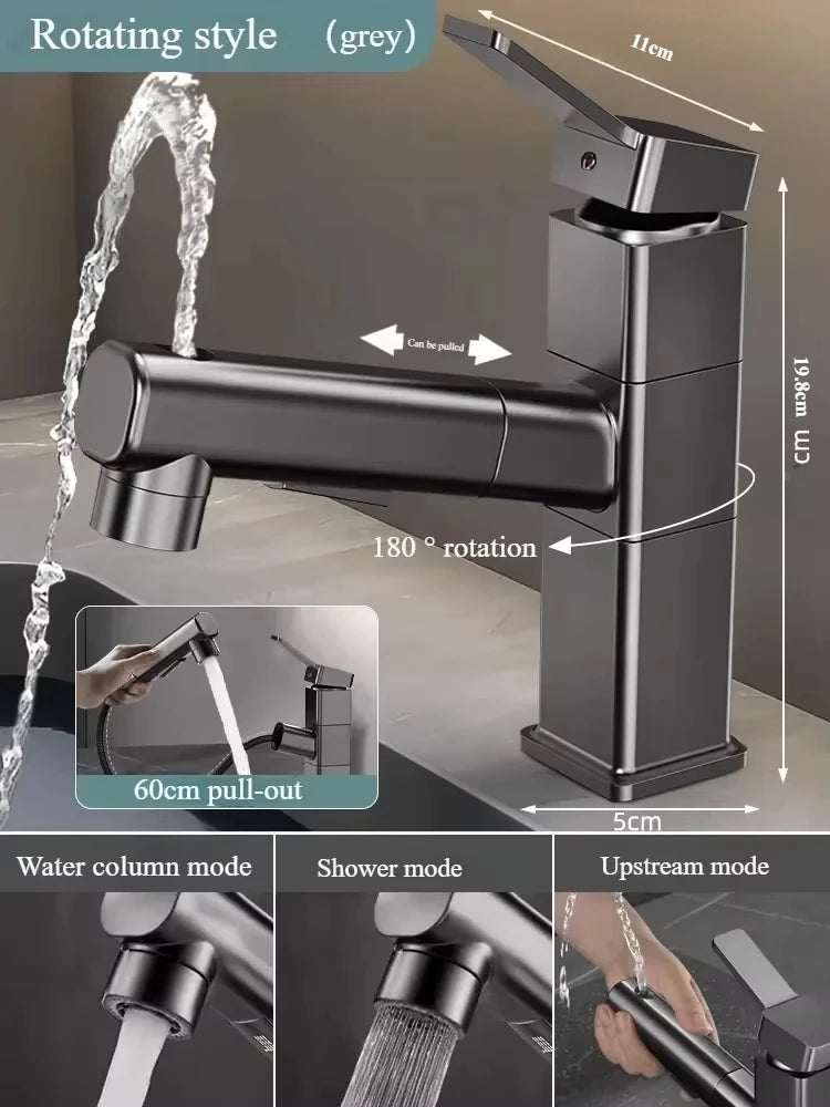 Pull Out Bathroom Faucet Hot and Cold Water Mixer Basin Sink Three Mode Water Outlet Faucet Washbasin Tap