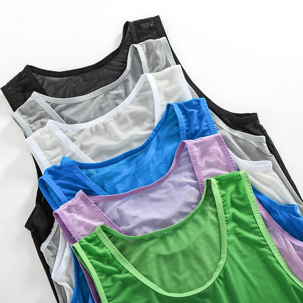 Men Sleeveless Mesh Sheer Tank Outwear Training Vest Fishnet Hollow Out See Through Undershirt