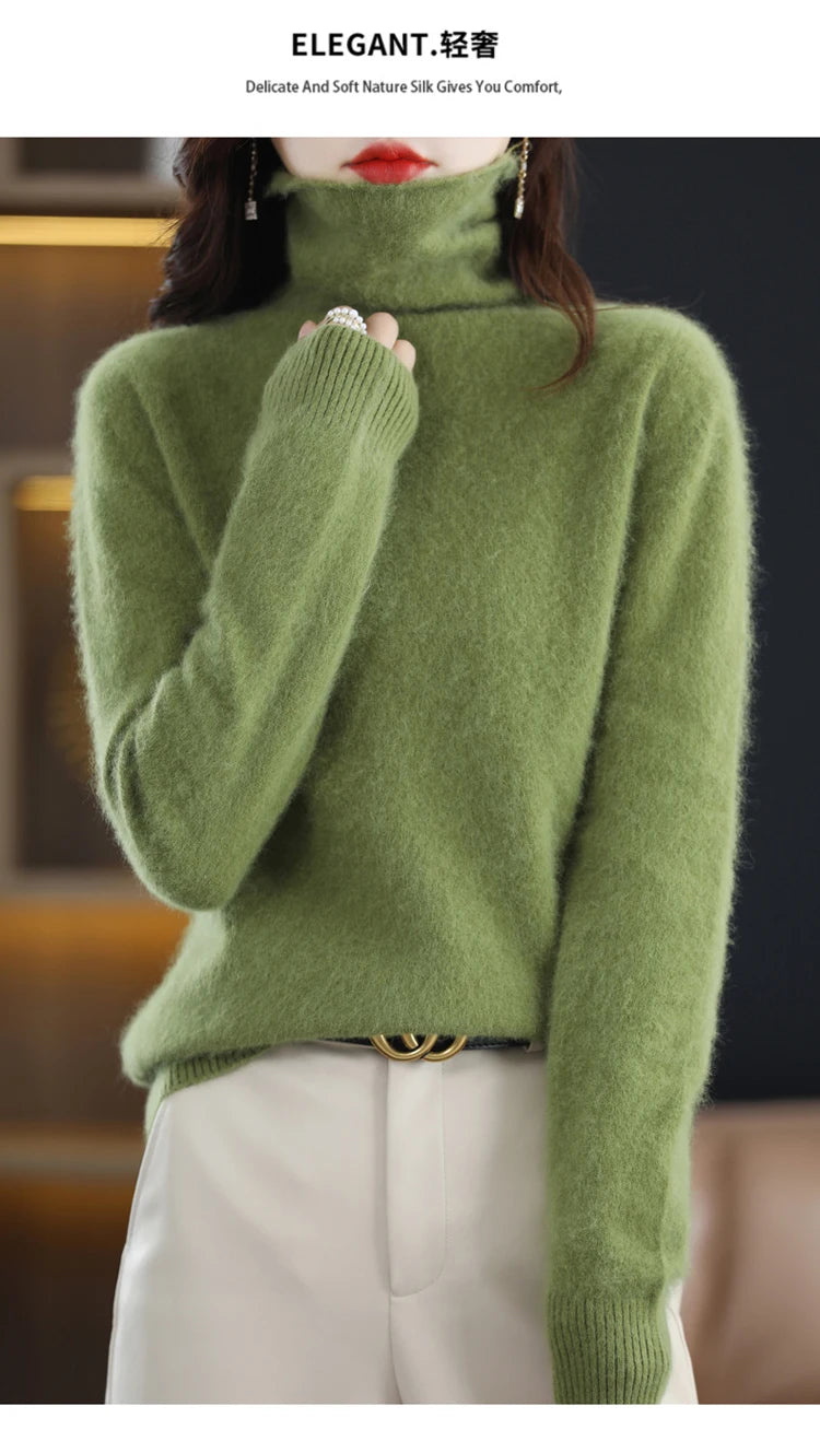 Women's Pile Collar 100% Mink Cashmere Sweater Winter High Collar Knitted Pullover Casual Short Thick Tops Loose Warm Base Shirt