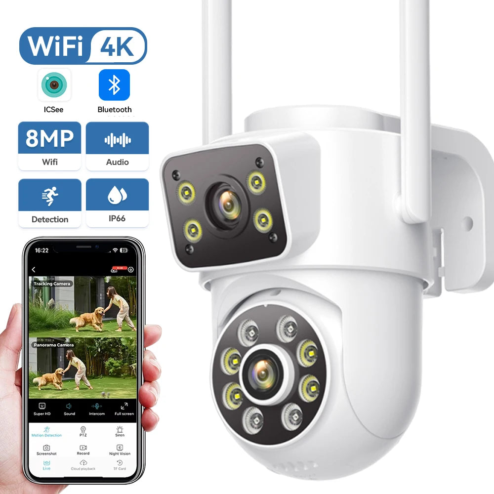 4K 8MP PTZ WiFi Surveillance Camera Dual Screen AI Human Detection Wireless Outdoor IP66 Waterproof CCTV Security P2P iCSee APP