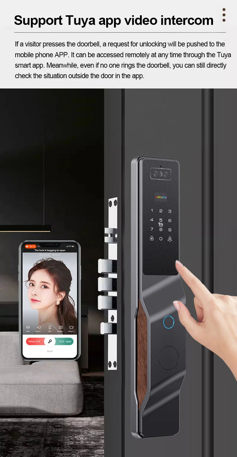 Tuya APP WIFI Remote Control Voice Intercom Smart Lock 3D Face Recognition Fingerprint Password Smart Door Lock With Camera