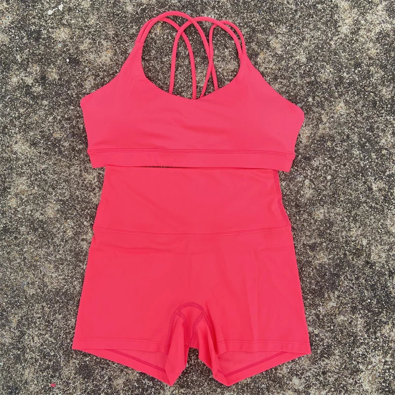 2 Piece Yoga Shorts Set Gym Sports Set Women Workout Outfit Fitness Suit Cross Straps Bra High Waist Shorts Running Tracksuit